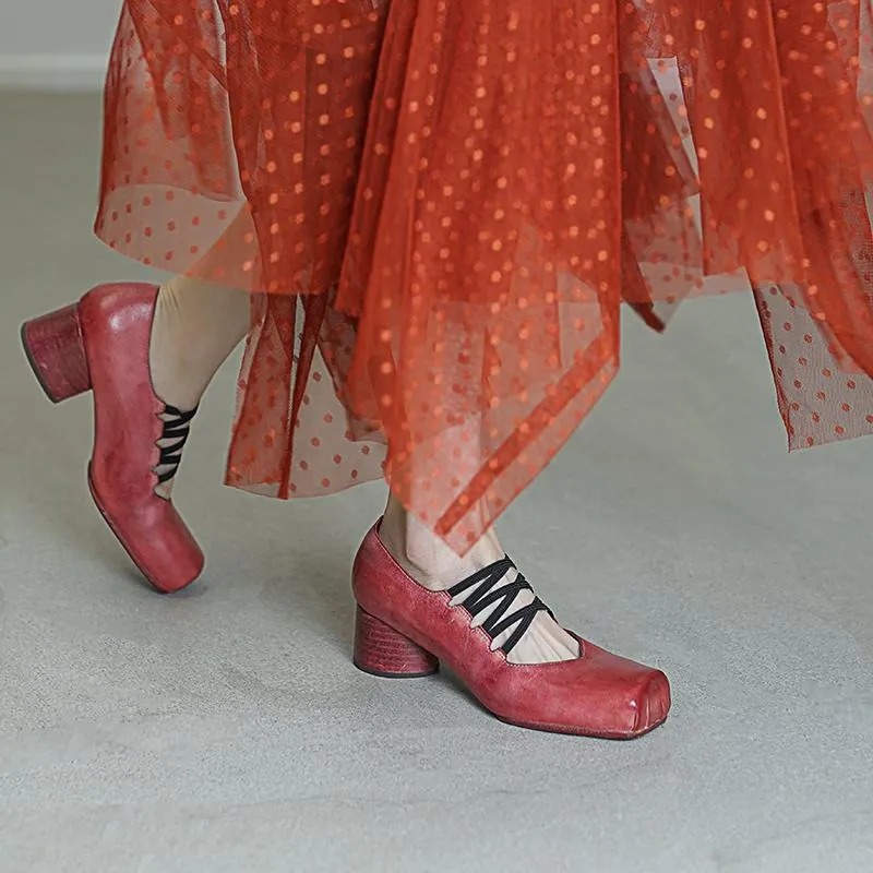 Vintage Mid Heel Square Toe Washed Horsehide Mary Jane Ballet Shoes in Blue/Red/Black/Pink/Grey