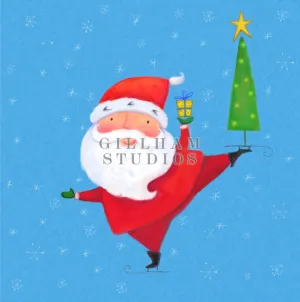 Whimsical Santa on ice skates balancing tree and lettering