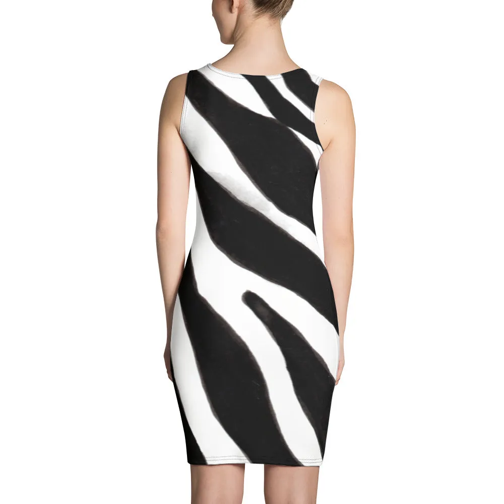 White Black Zebra Striped Dress, Animal Print Designer Fitted Sleeveless Women's Dress- Made in USA/EU/MX