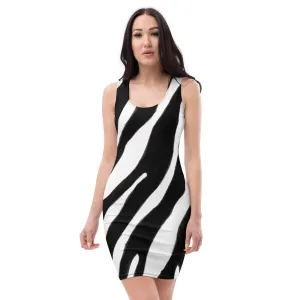 White Black Zebra Striped Dress, Animal Print Designer Fitted Sleeveless Women's Dress- Made in USA/EU/MX