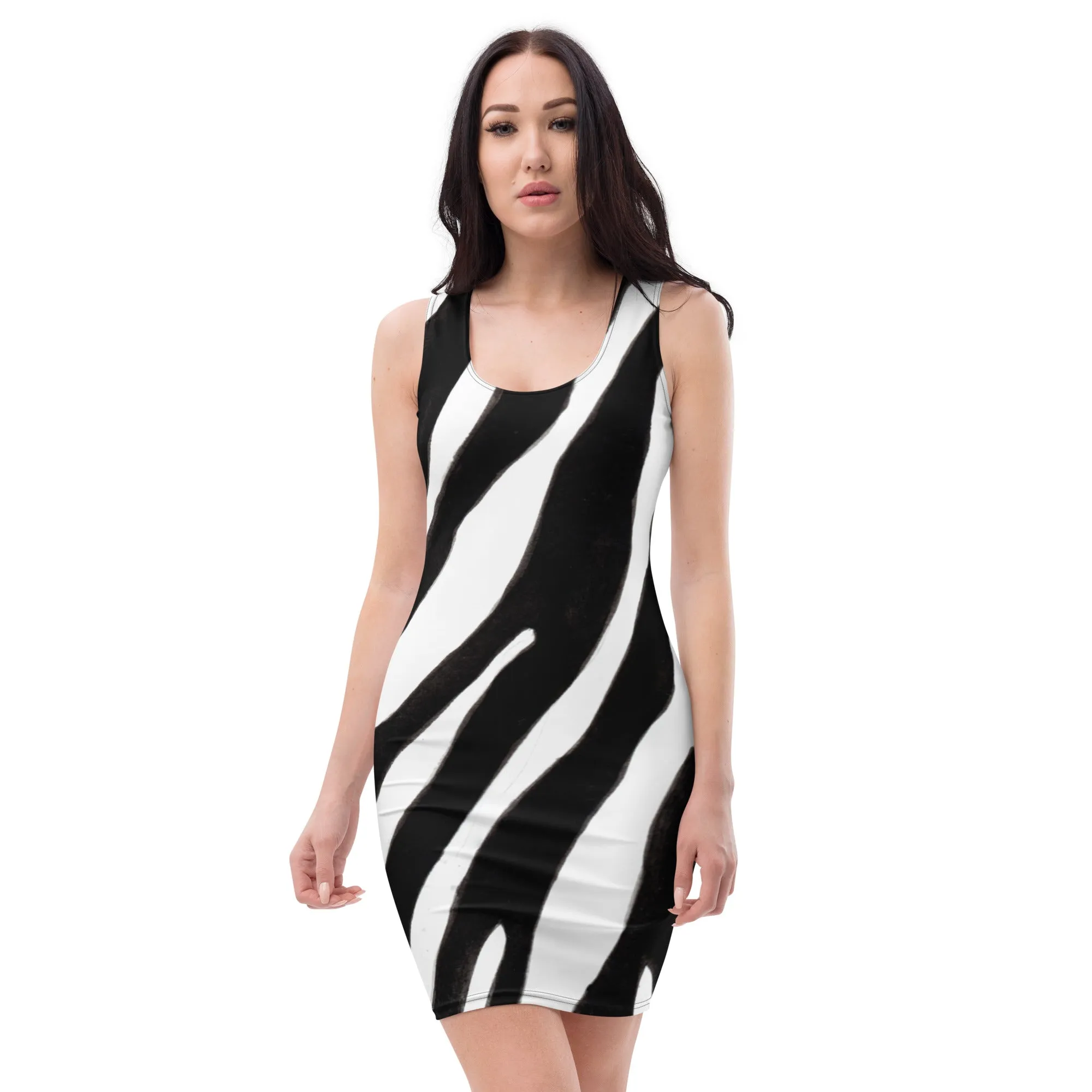 White Black Zebra Striped Dress, Animal Print Designer Fitted Sleeveless Women's Dress- Made in USA/EU/MX