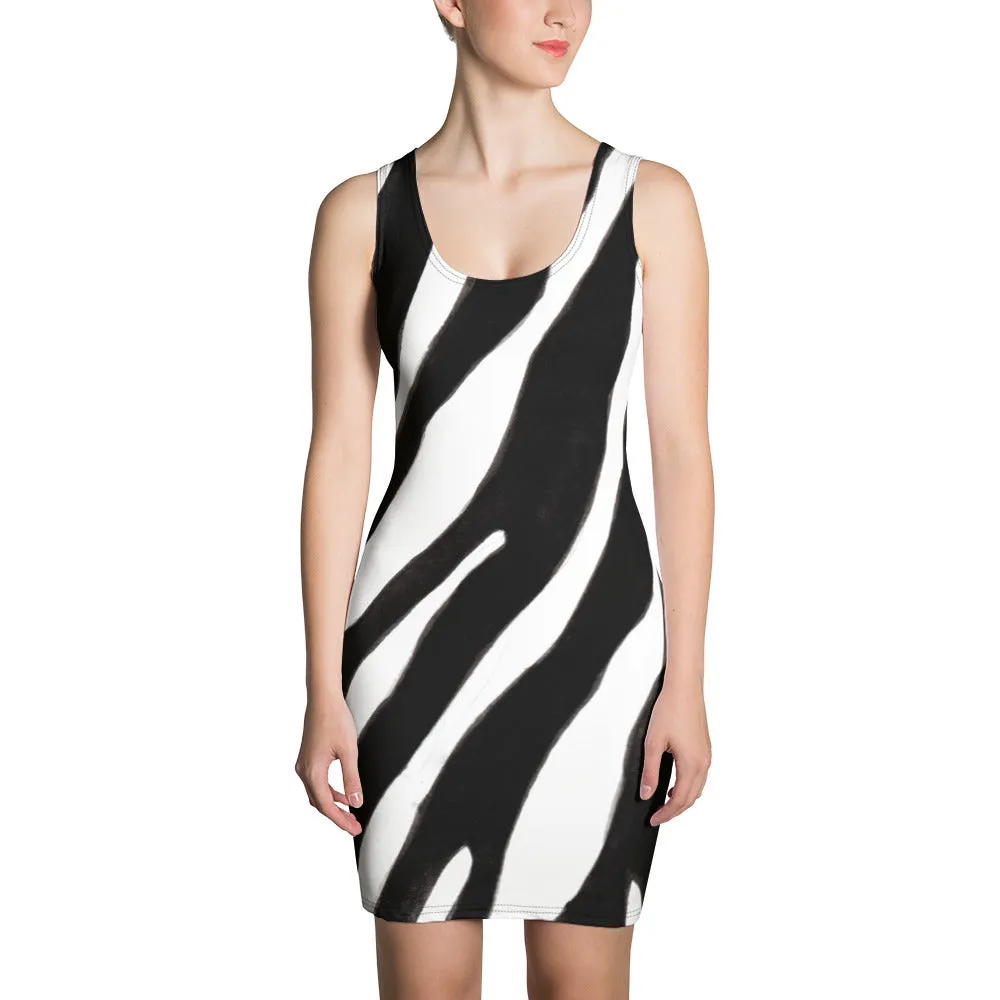 White Black Zebra Striped Dress, Animal Print Designer Fitted Sleeveless Women's Dress- Made in USA/EU/MX