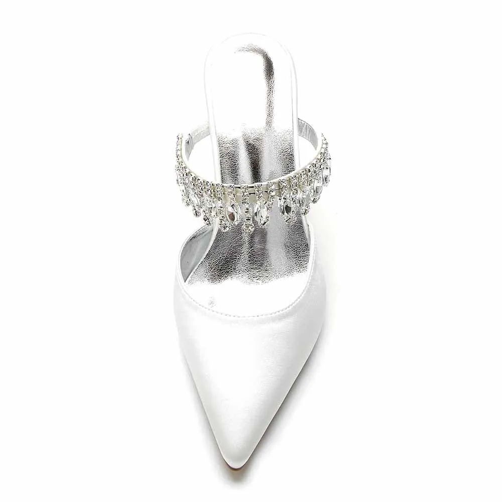 Women hand-made chunky heels party satin slippers with rhinestones